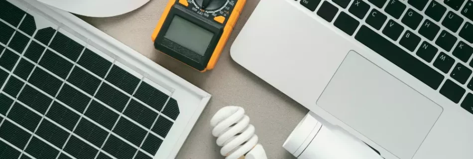 Ordenador, lector de potencia, bombilla, planos y placa solar.