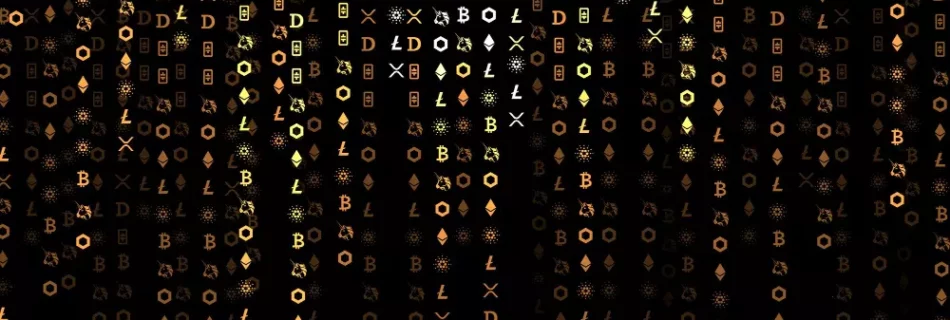 Logos de diferentes criptomonedas descendiendo.