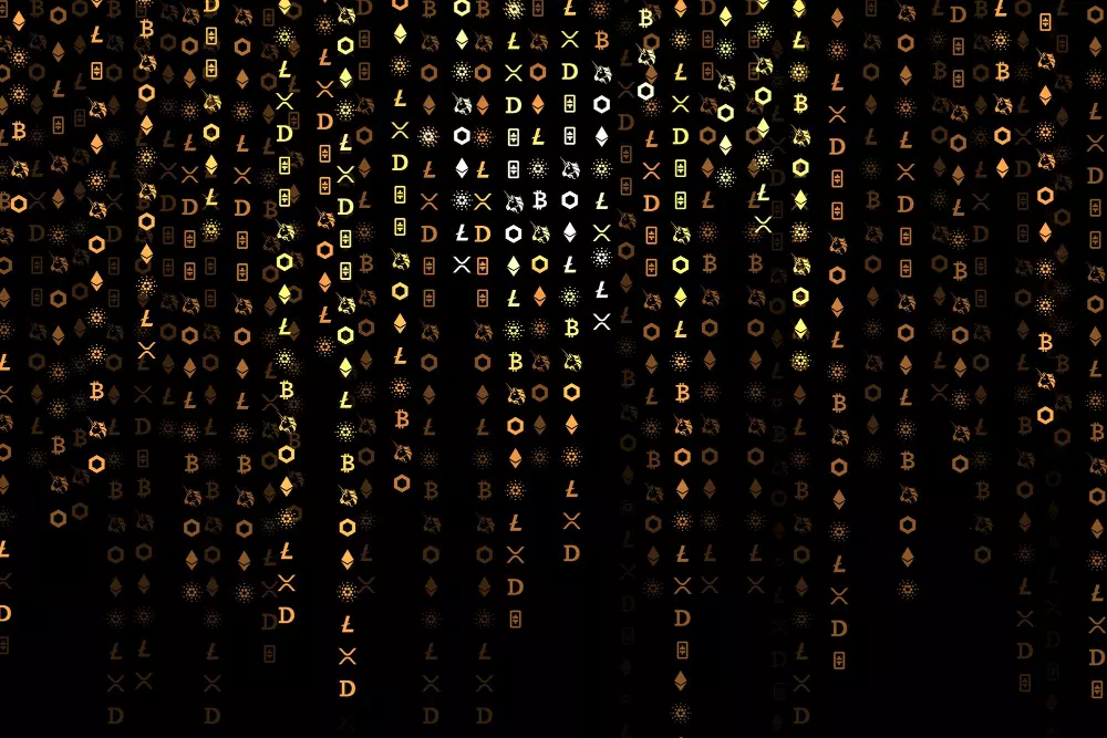 Logos de diferentes criptomonedas descendiendo.
