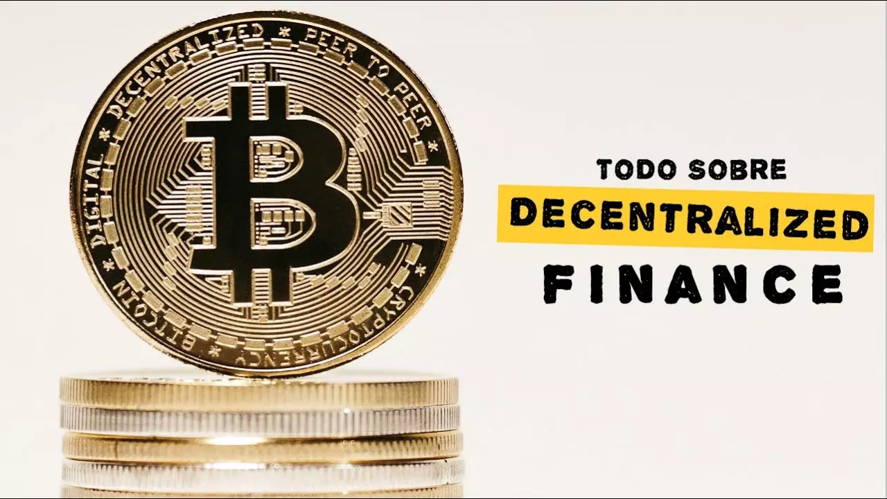 Texto "Decentralized finance" al lado de monedas con el símbolo de Bitcoin.