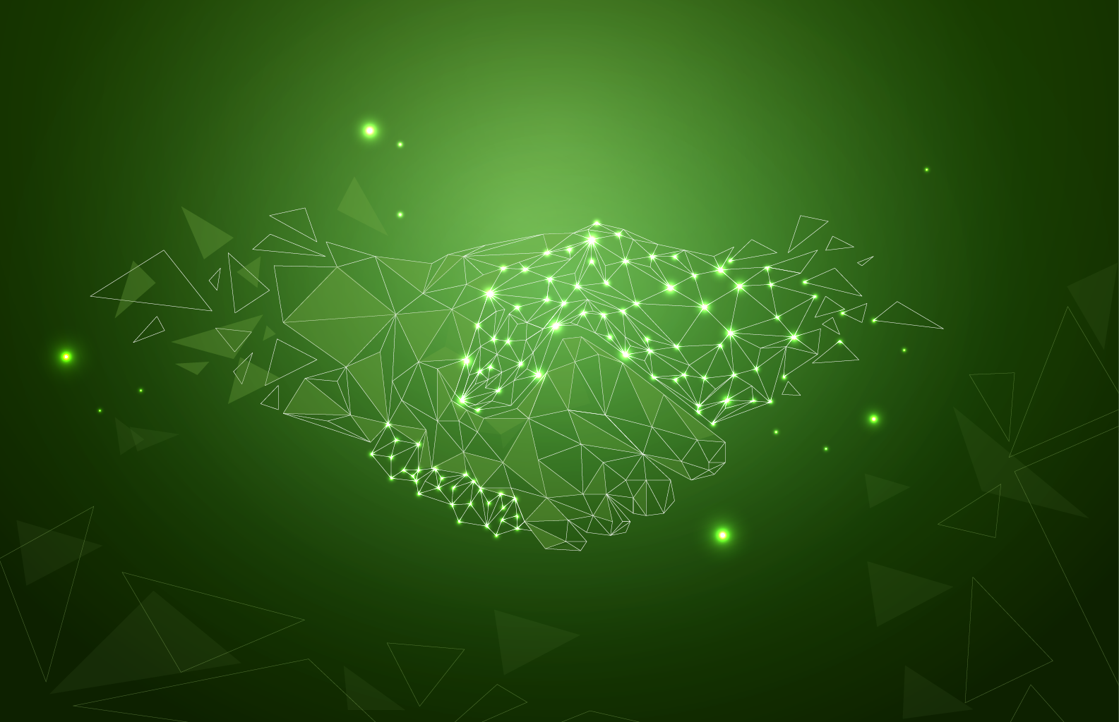 Ilustración digital de dos manos conectadas por una red de nodos verdes, representando la colaboración tecnológica y la sostenibilidad en el proyecto GREEN.