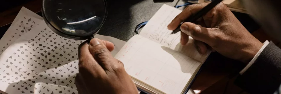 Persona escribiendo en agenda. Hombre con lupa descifrando códigos.