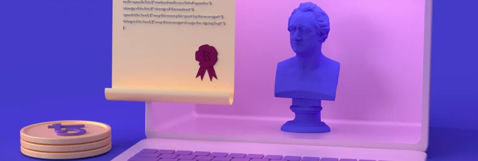 Ordenador rosa con un contrato emergiendo y criptomonedas