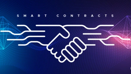 Ilustración de un apretón de manos digital con circuitos, representando los contratos inteligentes en blockchain aplicados a la gestión energética en GREEN.