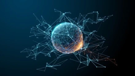 Ilustración de una esfera digital conectada por nodos, simbolizando la web 3.0 y la descentralización de la información en el proyecto GREEN.