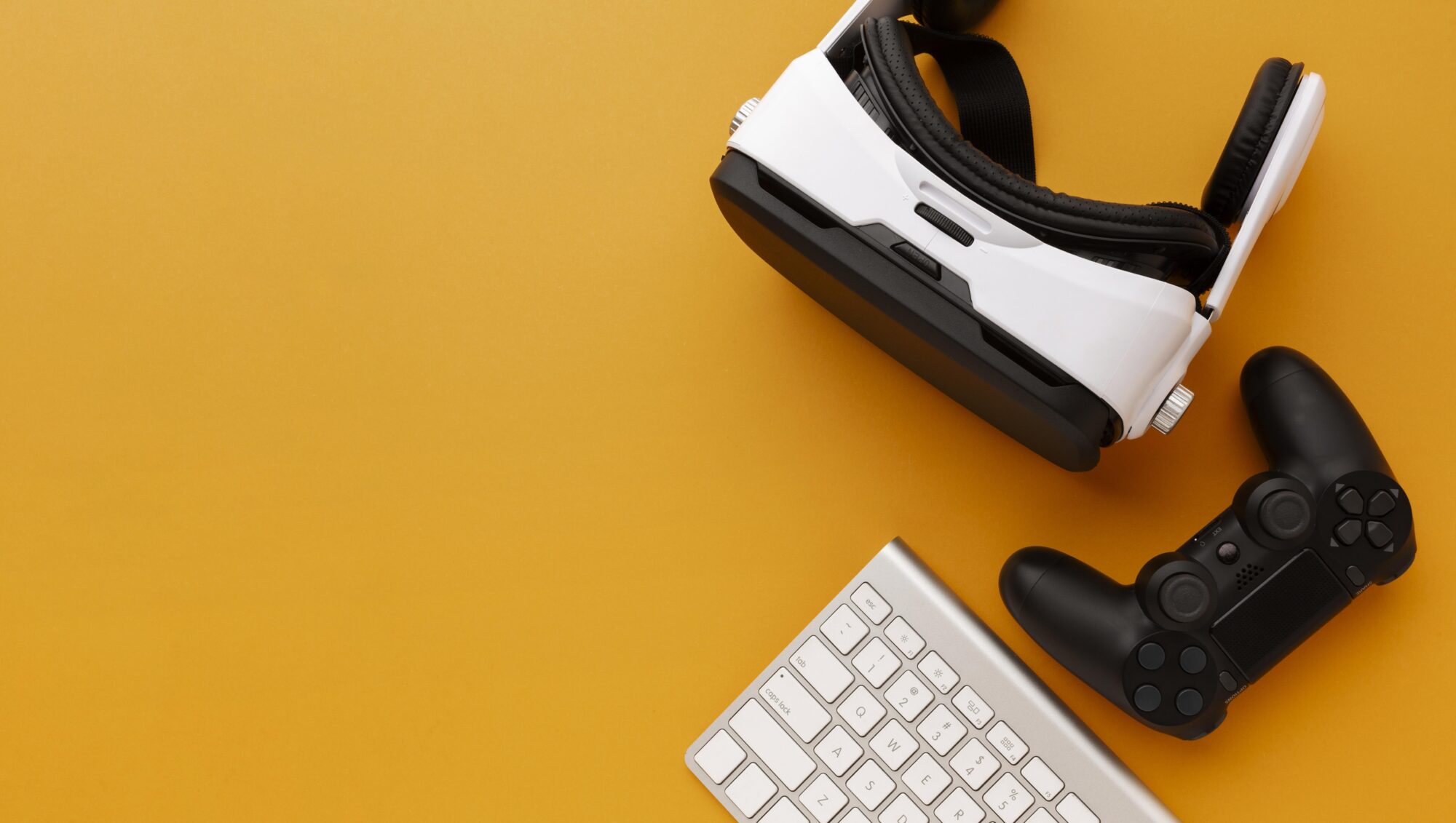 top view virtual reality headset with joystick and keyboard